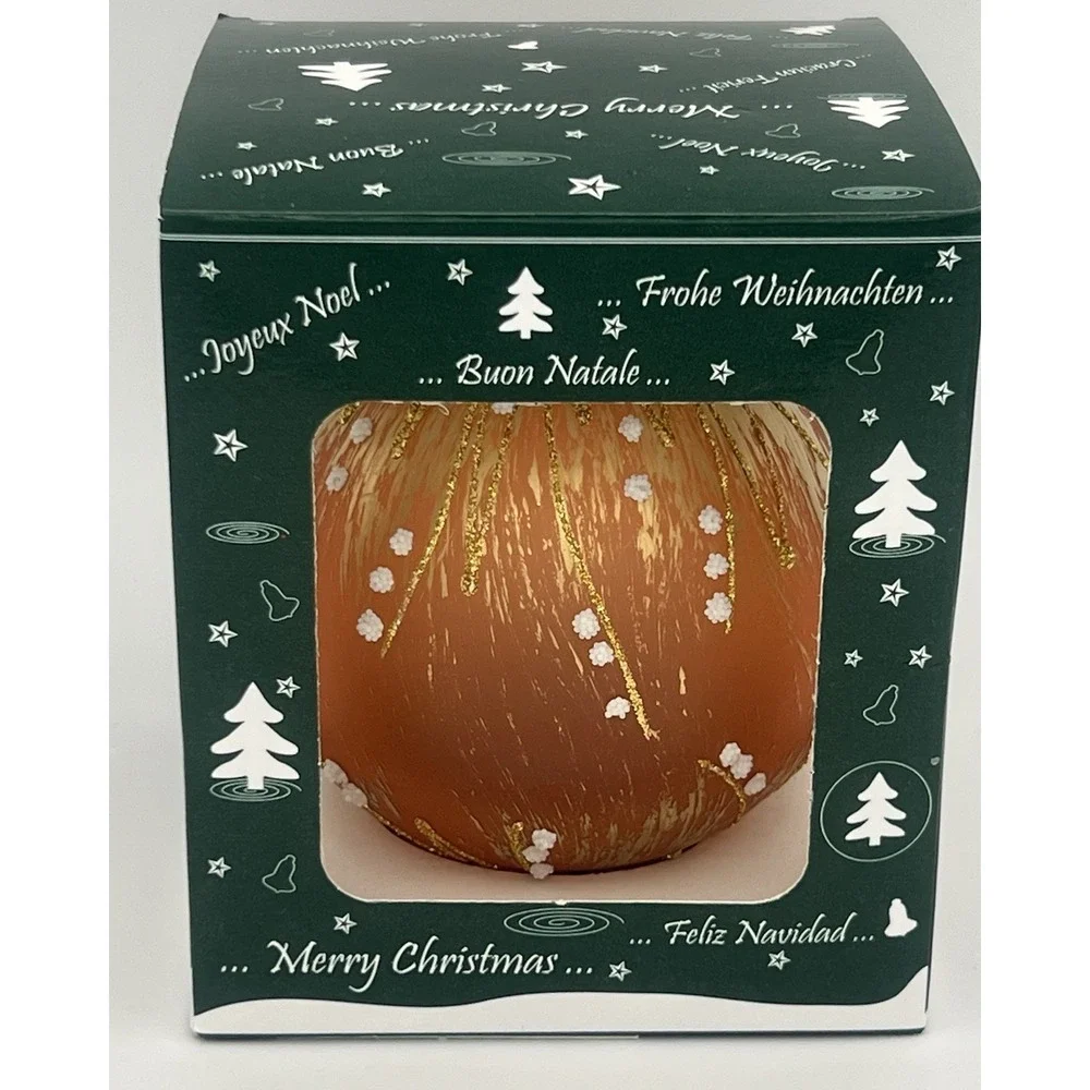 Orange Blown Glass Christmas Ornament Snow Falling Gold Glitter Made in Romania